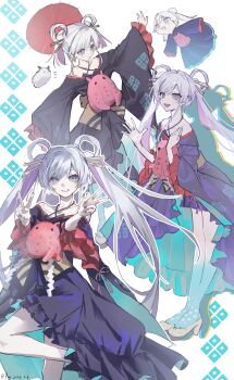 Rule 34 | 1girl, absurdres, bare shoulders, blue eyes, cho kaguya-hime!, commentary request, criss-cross halter, double v, fushi (cho kaguya-hime!), grey hair, grin, hair ornament, hair ribbon, hair rings, hair stick, halterneck, hand on own chest, highres, japanese clothes, kimono, knee up, looking at viewer, multiple views, octopus, oil-paper umbrella, pink hair, pye yyy, ribbon, runami yachiyo, smile, umbrella, v