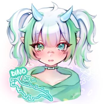 1girl absurdres ahoge bandaid bandaid_on_face bandaid_on_nose choker cloud_(lufaeris) commentary cropped_shoulders double-parted_bangs english_commentary green_choker green_eyes green_hoodie green_streaks highres hood hood_down hoodie horns looking_at_viewer multicolored_hair open_mouth original pointy_ears short_hair short_twintails simple_background solo straight-on streaked_hair twintails white_background white_hair