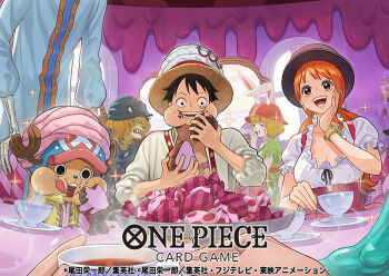 Rule 34 | 2girls, 4boys, animal ears, black hair, bracelet, brook (one piece), carrot (one piece), commentary request, copyright name, cup, eating, eyelashes, hat, indoors, jewelry, monkey d. luffy, multiple boys, multiple girls, nami (one piece), official art, one piece, one piece card game, otton, pedro (one piece), rabbit ears, rabbit girl, sharp teeth, sitting, skeleton, smile, sparkle, straw hat, teeth, tongue, tongue out, tony tony chopper, twintails