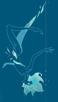 1other amputee androgynous aqua_eyes aqua_hair barefoot blue_background blue_theme broken broken_leg completely_nude crystal hashtag-only_commentary highres houseki_no_kuni looking_ahead monochrome nude nukumorineko other_focus phosphophyllite plantar_flexion profile severed_torso short_hair solo sparkle surprised upside-down