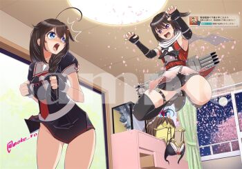 Rule 34 | 2girls, ^^^, ahoge, bamboo shoot, black bra, black gloves, black hair, black neckerchief, black panties, black serafuku, black thighhighs, blue eyes, bra, braid, brown eyes, creature, fingerless gloves, gauntlets, gloves, hair flaps, hair over shoulder, holding, holding bra, holding panties, holding underwear, holding unworn clothes, indoors, kantai collection, long hair, moke ro, multiple girls, naka (kancolle), neckerchief, open mouth, orange shirt, panties, pleated skirt, red neckerchief, sample watermark, scarf, school uniform, sendai (kancolle), sendai kai ni (kancolle), serafuku, shigure (kancolle), shigure kai ni (kancolle), shirt, single braid, single thighhigh, skirt, sleeveless, sleeveless shirt, thighhighs, torpedo, torpedo launcher, tree, two side up, underwear, unworn bra, unworn panties, watermark, white scarf, window