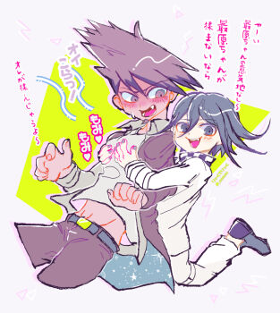 Rule 34 | 2boys, belt, belt buckle, black belt, black scarf, blush, buckle, checkered clothes, checkered scarf, coat, coat partially removed, commentary request, cropped legs, danganronpa (series), danganronpa v3: killing harmony, delidelidelic, drop shadow, facial hair, fang, fingernails, goatee, gold buckle, grey background, grey jacket, grey shoes, groping, hair between eyes, happy, height difference, jacket, leg up, long hair between eyes, long sleeves, looking at another, lower teeth only, male focus, midriff, momota kaito, multicolored shoes, multiple belts, multiple boys, nail polish, navel, oma kokichi, open clothes, open jacket, open mouth, pants, pectorals, purple coat, purple eyes, purple hair, purple nails, purple pants, purple shoes, scarf, shirt, shoes, short hair, smile, space print, starry sky print, teeth, thigh belt, thigh strap, translation request, triangle, two-sided coat, two-sided fabric, two-tone scarf, two-tone shoes, upper teeth only, white belt, white jacket, white pants, white scarf, white shirt, wrist belt