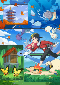 Rule 34 | 1boy, absurdres, alternate color, backwards hat, bag, black hat, black pants, capri pants, clenched hands, cloud, commentary, crobat, cyndaquil, day, dragonair, ethan (pokemon), falling leaves, gen 1 pokemon, gen 2 pokemon, grey bag, gyarados, hat, highres, ho-oh, jacket, lapras, leaf, legendary pokemon, long sleeves, male focus, mareep, nintendo, outdoors, pants, pichu, pokemon, pokemon (creature), pokemon heartgold and soulsilver, quagsire, reapster (tdwg3572), red jacket, running, shiny pokemon, sky, spiky-eared pichu, standing, togetic, water, wooper