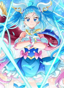Rule 34 | 1girl, 2024, ahoge, blue eyes, blue gem, blue hair, blue skirt, closed mouth, cure sky, dated, detached sleeves, ear piercing, earrings, floating hair, frilled skirt, frills, gem, gradient hair, gunbuster pose, hanzou, highres, hirogaru sky! precure, jewelry, long hair, looking at viewer, miniskirt, multicolored hair, piercing, pink hair, precure, shirt, short sleeves, single earring, skirt, sleeveless, sleeveless shirt, smile, solo, sora harewataru, standing, thighhighs, twitter username, underbust, very long hair, watermark, white shirt, white sleeves, white thighhighs, zettai ryouiki