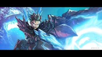 1boy armor artist_request black_hair blue_eyes character_request concept_art copyright_request energy energy_ball giant giant_monster glowing glowing_eyes glowing_spikes glowing_veins godzilla godzilla_(series) igloo_studio kaijin letterboxed monster monster_boy neon_trim official_art open_mouth orange_(company) promotional_art sharp_teeth short_hair spikes spirit teeth toho tongue veins