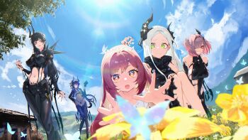 5girls absurdres bahamut_(nikke) behemoth_(nikke) black_hair black_horns black_lips black_liquid blue_sky bug butterfly flower four_beasts_(nikke) goddess_of_victory:_nikke green_eyes hashtag-only_commentary heretics_(nikke) highres horns insect leviathan_(nikke) liquid_clothes menomeno_draw multiple_girls navel only_one_(nikke) pink_hair pubic_tattoo red_eyes sky tattoo yellow_flower ziz_(nikke)