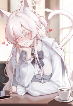 1girl akira_(blue_archive) animal_ear_fluff animal_ears black_bow black_bowtie blue_archive blush bow bowtie breasts cat_ears cat_girl cat_tail coat coat_on_shoulders colored_eyelashes commentary elbow_on_table extra_ears hair_between_eyes halo head_rest heart highres latte_art long_hair long_sleeves looking_at_viewer medium_breasts mellow_(srpp4843) mole mole_under_eye one_side_up pants phone pink_eyes puffy_long_sleeves puffy_sleeves shirt smile solo untranslatable_commentary tail white_coat white_eyelashes white_hair white_halo white_pants white_shirt
