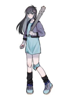 1girl alternate_costume alternate_universe antenna_hair aoihiraki aubrey_(faraway)_(omori) aubrey_(omori) bandaged_arm bandaged_hand bandages baseball_bat black_hair black_socks blue_eyes closed_mouth collarbone commentary english_commentary full_body highres long_hair long_sleeves looking_at_viewer nail_(hardware) nail_bat omori shoes sidelocks simple_background sneakers socks solo white_background