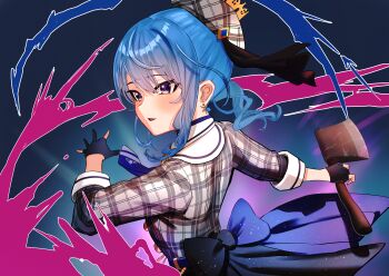 Rule 34 | 1girl, absurdres, axe, back bow, black gloves, blue bow, blue choker, blue hair, bow, choker, crown, earrings, futoshi tanaka, gloves, hat, highres, holding, holding axe, hololive, hoshimachi suisei, hoshimachi suisei (1st costume), jewelry, light blush, long sleeves, mini crown, open mouth, partially fingerless gloves, star (symbol), virtual youtuber