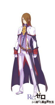 absurdres ascot belt black_belt black_cloak brown_eyes brown_hair cape clenched_hands cloak closed_mouth collared_shirt commentary_request copyright_name dress_shoes full_body gloves hair_over_one_eye highres holding holding_sword holding_weapon jacket long_bangs long_hair long_sleeves looking_at_viewer monocle official_art ootsuka_shin&#039;ichirou pants pivot_(re:zero) purple_shirt re:zero_kara_hajimeru_isekai_seikatsu scabbard sheath sheathed shirt shoes simple_background solo standing sword tachi-e title tsurime weapon white_background white_cape white_gloves white_jacket white_pants white_shoes yellow_ascot