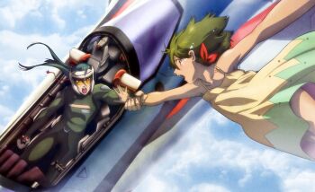 1boy 1girl cloud cockpit day detexted dress ex-gear green_hair highres holding_another&#039;s_wrist long_hair macross macross_frontier mecha official_art ogura_noriko open_cockpit pilot_suit promotional_art ranka_lee rescue robot saotome_alto sky tears third-party_edit vf-25