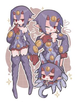 1girl :d ;d bare_shoulders blush_stickers boots border brown_background chibi commentary desco_(disgaea) detached_sleeves disgaea double-parted_bangs dress fang full_body gloves grid_background hand_up highres horns index_finger_raised jitome long_sleeves looking_at_viewer multiple_views one_eye_closed open_mouth outline outside_border pointy_ears purple_boots purple_dress purple_hair purple_sleeves red_eyes red_gloves red_horns short_dress short_hair sidelocks smile standing strapless strapless_dress suaman thigh_boots thighhighs v-shaped_eyebrows white_border white_outline zettai_ryouiki