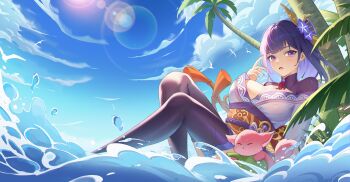 1girl absurdres beach blue_sky blunt_bangs breasts bridal_gauntlets cleavage cloud cloudy_sky commentary_request fan_hair_ornament floating flower_ornament from_side genshin_impact gradient_hair hair_ornament highres japanese_clothes kimono knees_up large_breasts leaning_back libai1839459 light_particles light_rays long_sleeves looking_at_viewer looking_to_the_side mole mole_under_eye multicolored_hair neck_ribbon ocean off_shoulder open_mouth outdoors palm_tree purple_eyes purple_hair purple_kimono purple_thighhighs raiden_shogun red_ribbon red_sash ribbon sash shade sitting sky solo_focus sun sunbeam sunlight thighhighs tree water wide_sleeves yae_miko yae_miko_(fox)