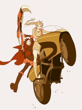 2girls 55bata6rou black_dress crescent_rose dress driving floating_hair full_body highres holding holding_scythe holding_weapon long_hair looking_at_viewer motor_vehicle motorcycle multiple_girls on_motorcycle on_scooter open_mouth ponytail riding ruby_rose rwby scythe simple_background weapon weiss_schnee white_dress