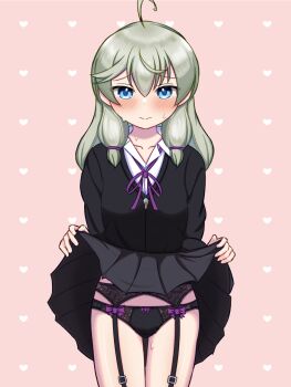 Rule 34 | 1girl, ahoge, assault lily, black panties, black skirt, black sweater, blue eyes, blush, bow, bow panties, closed mouth, clothes lift, collarbone, collared shirt, commentary request, cowboy shot, garter belt, grey hair, hair between eyes, hands up, heart, heart background, highres, kanabako misora, lifting own clothes, long hair, long sleeves, looking at viewer, low-tied sidelocks, miniskirt, neck ribbon, panties, pink background, pleated skirt, purple bow, purple ribbon, puru (pru azucena), raised eyebrows, ribbon, school uniform, shirt, sidelocks, skirt, skirt lift, solo, standing, sweat, sweater, thigh gap, underwear, yurigaoka girls academy school uniform