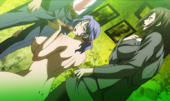 1boy 2girls ass belt blue_eyes blush breasts brown_hair butt_crack censored clothed_male_nude_female daimon_naoko denim dimples_of_venus fellatio glasses huge_breasts jeans kagurazaka_yui kyonyuu_hitozuma_onna_kyoushi_saimin licking multiple_girls necktie nude oral pants penis ponytail principal principal_and_student purple_eyes purple_hair screencap sweat t-rex_(animation_studio) teacher