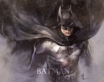 1boy batman batman_(series) batman_symbol black_cape black_horns black_mask bodysuit cape character_name closed_mouth commentary cowl dc_comics english_commentary grey_bodysuit highres horns lips male_focus meatsawa signature solo superhero_costume tight_clothes