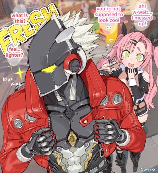 1boy 1girl billy_kid black_boots black_ribbon black_shorts black_socks boots breasts cleavage commentary conto earrings english_commentary english_text flying_sweatdrops green_eyes hair_ornament hair_ribbon hairclip highres holding holding_scissors jacket jewelry long_hair mole mole_on_breast nail_polish necklace nicole_demara open_clothes open_jacket open_mouth pink_hair red_jacket ribbon robot_boy scissors shorts signature single_sock single_thighhigh skindentation socks sparkle spiked_hair standing thighhighs two_side_up white_hair zenless_zone_zero