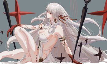 Rule 34 | 1girl, absurdly long hair, armlet, colored extremities, commentary request, durga (fate), durga (first ascension) (fate), fate/grand order, fate (series), highres, jewelry, knee up, long hair, m san0722, revealing clothes, simple background, sitting, snake, solo, very long hair