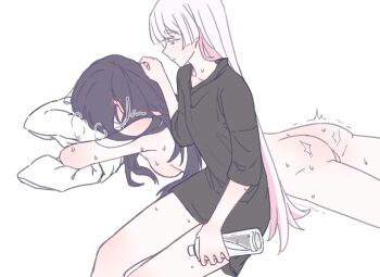 2girls aftersex ass black_hair black_shirt blue_eyes blush bottle cho_kaguya-hime! collarbone ear_blush face_down hand_on_another's_head highres holding holding_bottle hugging_object invisible_chair knees_out_of_frame light_smile long_hair long_shirt looking_at_another lying multicolored_hair multiple_girls on_stomach pillow pillow_hug pink_hair pussy_juice runami_yachiyo sakayori_iroha shirt short_sleeves simple_background sitting sweat tafnutou trembling two-tone_hair very_long_hair water_bottle white_background white_hair yuri