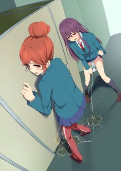 2girls brown_eyes brown_hair clothes_lift enomoto_natsuki hair_bun hayasaka_akari kokuhaku_jikkou_iinkai lifting_own_clothes multiple_girls panties panty_pull peeing peeing_self peeing_together public_bathroom puddle purple_hair sakamata_(sakamata4) school_uniform single_hair_bun skirt skirt_lift standing underwear