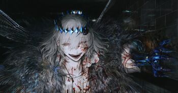 1boy :d au_(d_elete) blood blood_in_mouth blood_on_clothes blood_on_face blue_pants bug claws cloak collar collared_shirt crown dark_persona diamond_hairband evil_smile eyes_visible_through_hair fate/grand_order fate_(series) feather_boa frilled_collar frills grey_hair highres insect_wings long_sleeves looking_at_viewer male_focus medium_hair oberon_(fate) oberon_(third_ascension)_(fate) official_alternate_costume open_mouth pants puffy_sleeves red_eyes shirt smile solo spider spoilers tassel teeth text_background white_shirt wings