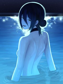1girl black_choker black_hair breasts chainsaw_man choker green_eyes hair_between_eyes hair_bun highres looking_back mccheese night nude open_mouth outdoors partially_submerged reze_(chainsaw_man) small_breasts solo wet