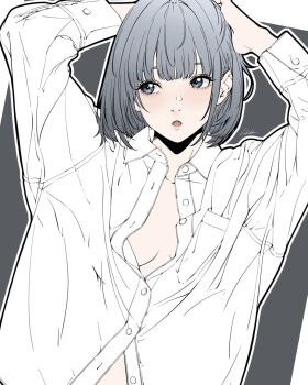 1girl arms_up bambi_surprise collared_shirt grey_eyes grey_hair highres looking_to_the_side medium_hair original partially_unbuttoned shirt signature solo upper_body white_shirt