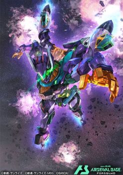 artist_request asteroid bandai battle cable copyright_notice debris explosion gfred glowing green_visor gundam gundam_arsenal_base gundam_gquuuuuux lens_flare logo machinery mecha mecha_focus mobile_suit nebula official_art realistic robot science_fiction space thrusters title zeon