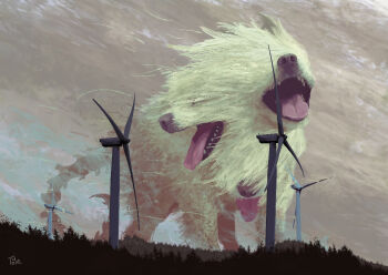 cerberus commentary_request giant giant_monster no_humans original outdoors toy(e) wind_turbine windmill