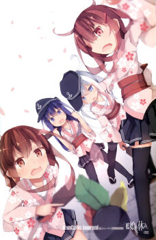 10s 4girls ahoge akatsuki_(kancolle) blue_eyes blue_hair blurry brown_eyes brown_hair depth_of_field dutch_angle fang folded_ponytail hagoita hanetsuki hat hibiki_(kancolle) highres ikazuchi_(kancolle) inazuma_(kancolle) japanese_clothes kantai_collection kimono long_hair multiple_girls new_year non-web_source official_art paddle pantyhose petals pleated_skirt quality scan scan_artifacts short_hair silver_hair skirt thighhighs yadokari_(migihashi)