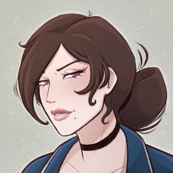 1girl black_choker blue_coat brown_hair castlevania:_nocturne castlevania_(series) choker coat commentary copyright_request english_commentary faffuart highres julia_belmont mole mole_under_mouth purple_eyes