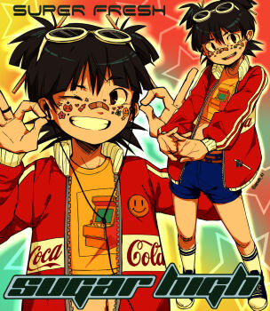 1990s_fashion 1girl anah_41 bandaid bandaid_on_face bandaid_on_nose black_hair black_shoes blue_shorts brown_eyes coca-cola commentary crop_top earphones english_commentary english_text eyewear_on_head grin highres jacket letterman_jacket long_sleeves looking_at_viewer midriff multiple_views ok_sign one_eye_closed open_clothes open_jacket open_mouth original print_shirt red_jacket shirt shoes short_hair short_twintails shorts smile smiley_face sneakers socks standing star_(symbol) sticker sticker_on_face stretching sunglasses twintails white_socks yellow_shirt