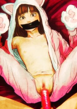 1boy 1girl absurdres anal anal_object_insertion censored commentary commentary_request constricted_pupils dated_commentary english_commentary flat_chest gag gagged hetero higashiyama_shou highres improvised_gag loli mixed-language_commentary mosaic_censoring navel nipples object_insertion original penis pussy tape tape_gag vaginal