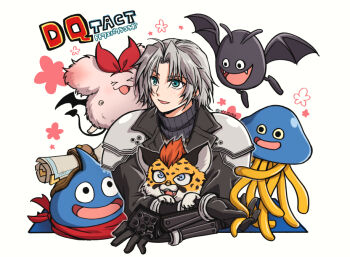 1boy 20x26tks ahoge animal aqua_eyes armor black_gloves black_jacket black_shirt cat commentary_request copyright_name dracky dragon_quest dragon_quest_tact final_fantasy final_fantasy_vii final_fantasy_vii:_ever_crisis gloves great_sabrecub grey_hair healslime holding holding_animal holding_cat jacket male_focus monan necktie open_mouth parted_bangs pauldrons red_necktie red_ribbon ribbed_shirt ribbon scroll sephiroth sephiroth_(ever_crisis) shirt short_hair shoulder_armor slime_(dragon_quest) smile surakuto turtleneck twitter_username upper_body vambraces white_background
