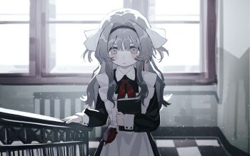 1cyaya1 1girl absurdres apron black_dress black_hairband blush book checkered_floor commentary dress english_commentary frown grey_eyes grey_hair hairband highres holding holding_book indoors ino_(1cyaya1) long_sleeves looking_at_viewer necktie original railing red_necktie sidelocks solo two_side_up upper_body white_apron window