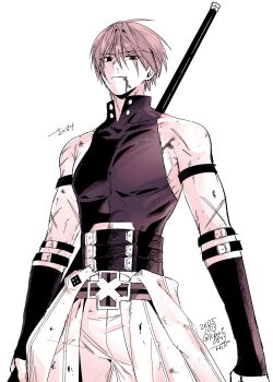 1boy absurdres armband belt blood blood_on_face cowboy_shot fate/grand_order fate_(series) fingerless_gloves gloves hair_intakes harada_sanosuke_(fate) highres injury kbut0823 licking_lips looking_at_viewer male_focus multiple_scars polearm scar scar_on_arm scratches shirt short_hair simple_background sleeveless sleeveless_shirt solo toned toned_male tongue tongue_out weapon white_background