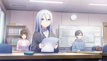 Rule 34 | 1boy, 2girls, backpack, bag, black-framed eyewear, black cardigan, black hair, blue eyes, blue hoodie, bookshelf, brown bag, brown eyes, brown hair, cardigan, chair, closed mouth, collared shirt, colorful palette, desk, drawstring, frown, game cg, hair between eyes, hello good day! (project sekai), highres, holding, holding paper, hood, hoodie, long hair, magnet, multiple girls, official art, open cardigan, open clothes, paper, pink cardigan, pouch, project sekai, semi-rimless eyewear, shirt, third-party source, white hair, white shirt, whiteboard, yoisaki kanade