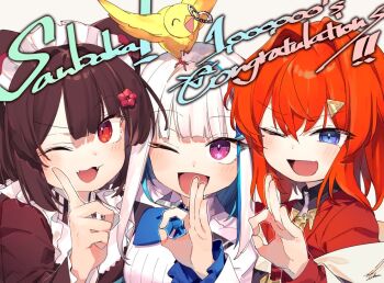 Rule 34 | 3girls, :3, :d, ange katrina, ange katrina (1st costume), animal ears, bird, blue eyes, blue hair, blue neckerchief, blush, brown hair, brown shirt, colored inner hair, commentary request, congratulations, crossed bangs, dog ears, dog girl, fangs, finger counting, flower, group name, group picture, hair between eyes, hair flower, hair intakes, hair ornament, hand up, index finger raised, inui toko, inui toko (1st costume), lize helesta, lize helesta (1st costume), long hair, long sidelocks, long sleeves, looking at viewer, maid headdress, medium hair, milestone celebration, monocle, multicolored hair, multiple girls, neckerchief, nijisanji, ok sign, one eye closed, open mouth, purple eyes, red eyes, red hair, red shirt, sanbaka (nijisanji), sebastian piyodore, shirt, sidelocks, slit pupils, smile, streaked hair, sukuna136, triangle hair ornament, two-tone hair, virtual youtuber, white hair, white headdress, white shirt, yellow bird