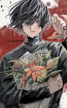 1boy bag black_hair black_shirt blood blood_drip blood_from_mouth commentary_request fang fingernails flower grey_eyes hair_between_eyes hand_up highres holding holding_bag holding_flower long_sleeves looking_at_viewer male_focus mole mole_under_mouth original paper_bag parted_lips plant red_flower sahi00000 shirt short_hair solo swept_bangs upper_body