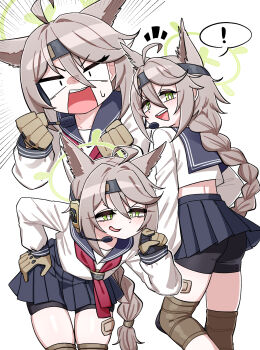 ! 1girl ahoge animal_ears ascot ass bandaid_on_thigh bent_over bike_shorts blue_archive blush braid brown_hair commentary fey_(whitepaper) fox_ears fox_girl gloves green_eyes halo hand_on_own_hip headset highres knee_pads long_braid motion_lines multiple_expressions otogi_(blue_archive) pleated_skirt pointing school_uniform serafuku simple_background skindentation skirt speed_lines spoken_exclamation_mark symbol-only_commentary