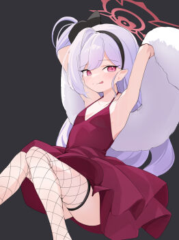 1girl :p absurdres armpits arms_up arsyky14 black_bow black_hairband blue_archive blush bow breasts closed_mouth cocktail_dress collarbone dark_background dress feather_boa fishnet_thighhighs fishnets hair_bow hairband halo highres invisible_chair knees_together_feet_apart loli long_hair looking_at_viewer mutsuki_(blue_archive) mutsuki_(dress)_(blue_archive) official_alternate_costume pink_eyes pleated_dress presenting_armpit red_dress short_dress sidelocks simple_background sitting sleeveless sleeveless_dress small_breasts smile solo thighhighs thighs tongue tongue_out white_hair