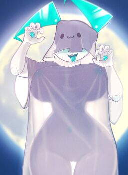 1girl :3 :d aqua_nipples aqua_tongue breasts cleft_of_venus colored_nipples commentary covered_eyes cowboy_shot facing_viewer fangs full_moon ghost_costume halloween_costume hands_up highres hood hood_up huge_breasts jenny_wakeman joints lonlon_blitz moon my_life_as_a_teenage_robot naked_costume navel open_mouth pussy robot_joints see-through_clothes see-through_silhouette smile solo symbol-only_commentary teeth thigh_gap tongue tongue_out upper_teeth_only wide_hips