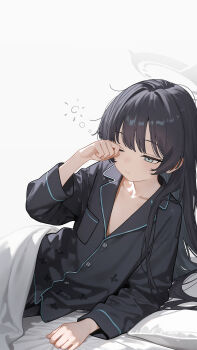 Rule 34 | 1girl, absurdres, alternate costume, black hair, black pajamas, black shirt, blue archive, blue eyes, closed mouth, commentary request, eco 376124, flat chest, grey halo, halo, highres, kisaki (blue archive), long hair, long sleeves, pajamas, shirt, sleepy, solo, squeans, under covers