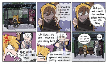 !? 2girls akita_neru anger_vein artist_name commentary english_commentary highres mitsuko_tan multiple_girls necktie purple_necktie rectangular_6koma speech_bubble thought_bubble vocaloid yellow_necktie yowane_haku