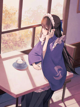 1girl apron black_hair black_skirt blue_kimono bow breasts brown_eyes chair cup fate/grand_order fate_(series) hair_bow highres japanese_clothes kawakami_gensai_(fate) kawakami_gensai_(second_ascension)_(fate) kimono long_hair long_skirt long_sleeves looking_at_viewer maid_headdress medium_breasts multicolored_hair papukin sidelocks sitting skirt solo streaked_hair table teacup white_apron white_hair wide_sleeves window