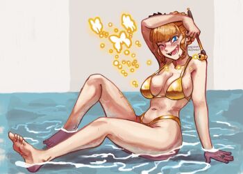 1girl arm_on_own_head barefoot beatrice_(umineko) bikini blonde_hair blue_eyes blunt_bangs blush braid braided_bun breasts bug butterfly commentary dated english_commentary fangs gold_bikini hair_bun hand_rest holding holding_smoking_pipe insect jewelry knee_up large_breasts navel one_eye_closed open_mouth partially_submerged ring sidelocks single_hair_bun sitting smile smoking_pipe solo stomach swimsuit thekkm toe_ring toes umineko_no_naku_koro_ni water