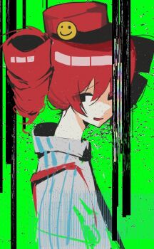 1girl alternate_costume black_eyes black_necktie drill_hair from_side green_background hair_between_eyes kasane_teto looking_at_viewer mesmerizer_(vocaloid) necktie open_mouth shirt smiley_hat_ornament solo static striped_clothes striped_shirt suspenders twin_drills underwear upper_body utau xi_wu