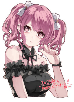1girl absurdres armlet bang_dream! bang_dream!_girls_band_party! black_bow bow bracelet commentary_request ear_piercing hair_bow heart heart_in_eye highres jewelry maruyama_aya medium_hair nuruponnu open_mouth piercing pink_eyes pink_hair shirt sidelocks simple_background solo strapless strapless_shirt symbol_in_eye twintails white_background