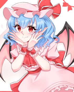 1girl air_312uu ascot bat_wings blue_hair bow collared_shirt commentary_request frilled_shirt_collar frills hair_between_eyes hands_on_own_cheeks hands_on_own_face hat hat_ribbon highres light_blush looking_at_viewer mob_cap pink_hat pink_shirt pink_skirt pointy_ears puffy_short_sleeves puffy_sleeves red_ascot red_bow red_eyes red_nails red_ribbon remilia_scarlet ribbon shirt short_hair short_sleeves skirt skirt_set smile solo sparkle touhou wings wrist_cuffs